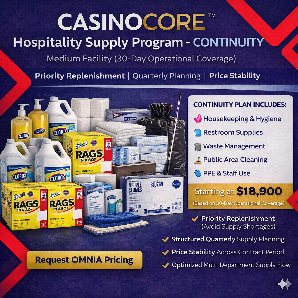 Hotel & Casino Supply Continuity System™. 30-Day Coverage for High-Traffic Facilities