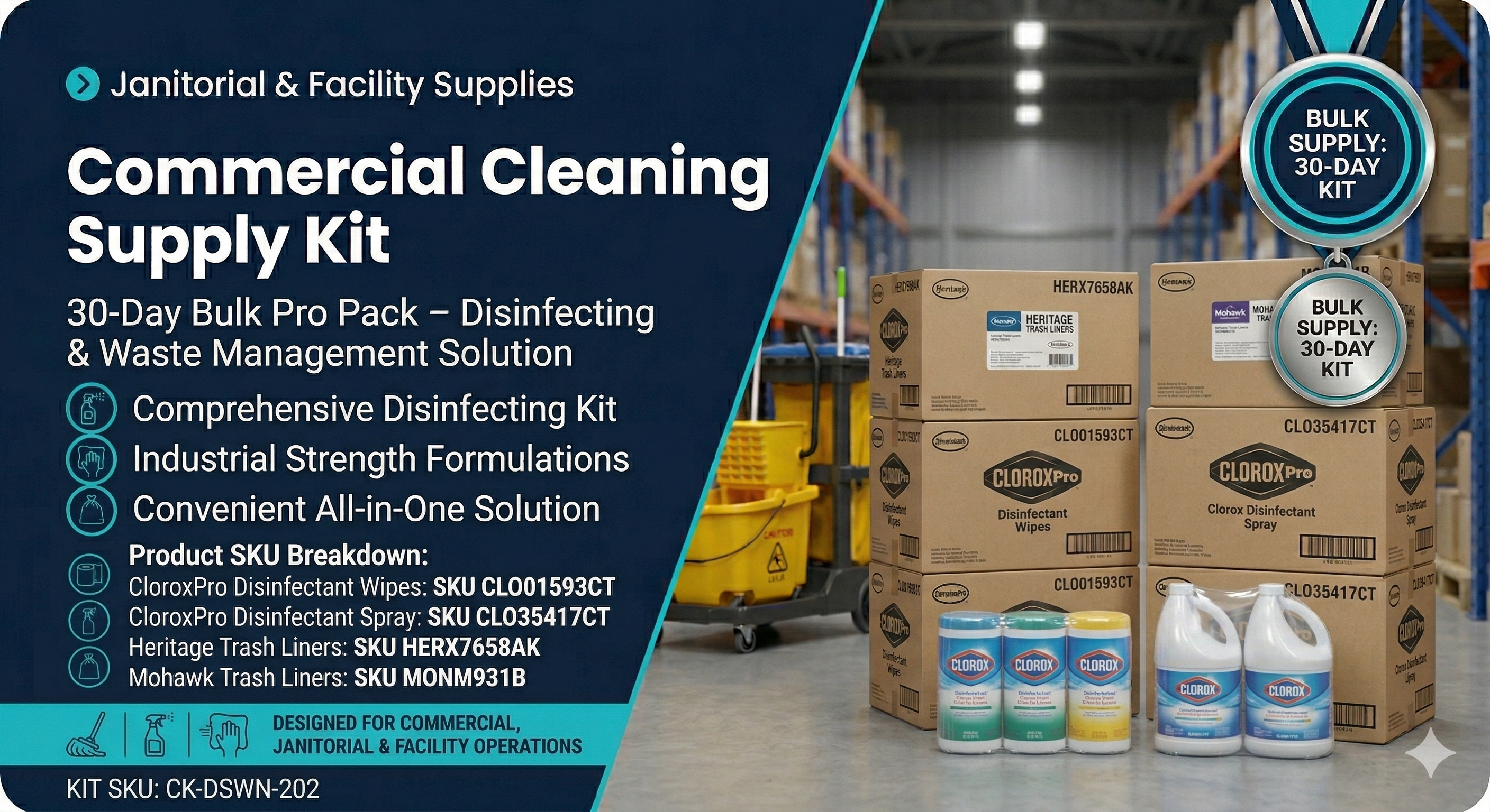 Commercial Cleaning Supply Kit – CloroxPro Disinfectant, Wipes & Trash Liners (30-Day Bulk Pack – Free Shipping)