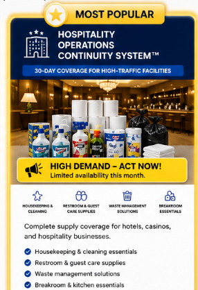 Hotel & Casino Supply Continuity System™. 30-Day Coverage for High-Traffic Facilities